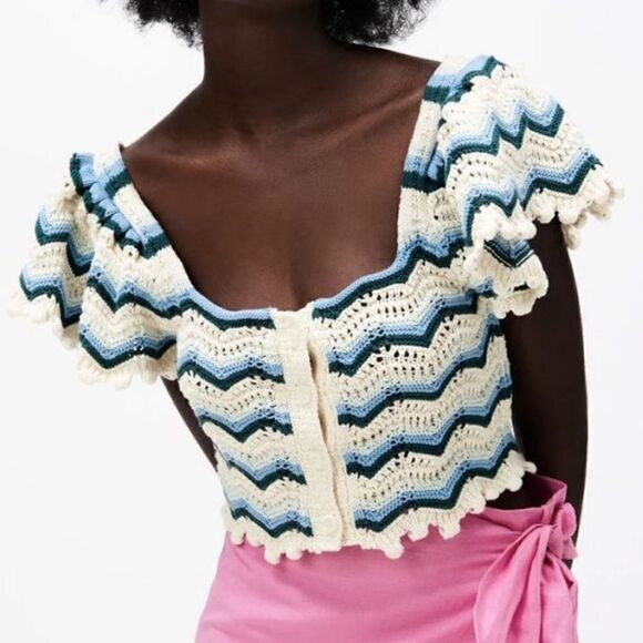 Zara Blue Wave Crochet Knit Top size M - Picture 1 of 7